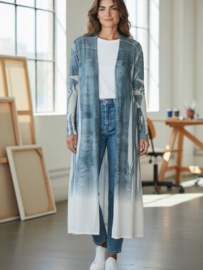 Origami Open-Front Denim-Print Cardigan